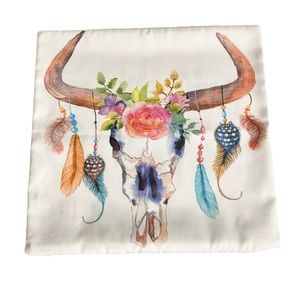 Boho Bull Skull Flowers and Feathers Watercolor Design Pillow Cover Size 16x16